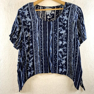 Vintage Womens Boho Floral Top Sz M/L Blue Oversized Boxy Rayon Artsy Lagenlook